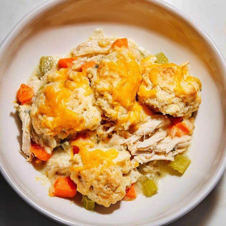 A close-up of a bubbling One-Pan Chicken Cobbler showcases its flaky cheddar biscuits and savory chicken.