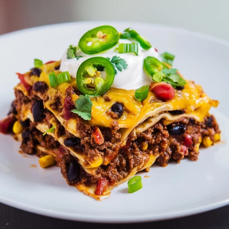 Close-up of a bubbling, cheesy taco lasagna served with fresh cilantro garnish.
