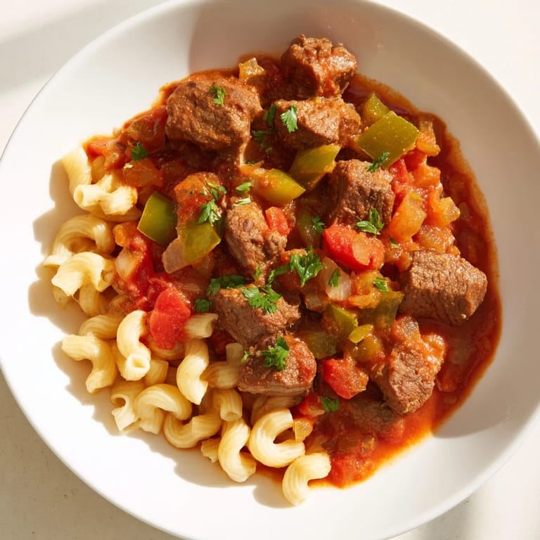 Close-up of a flavorful goulash, showcasing tender beef and pasta in a rich tomato sauce.