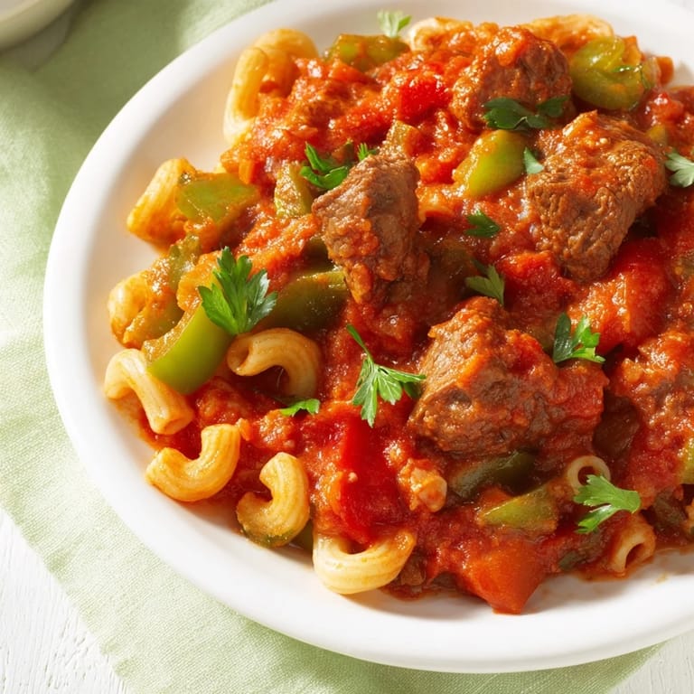 A visually appealing, steaming plate of goulash, perfect for a cozy, comforting supper.