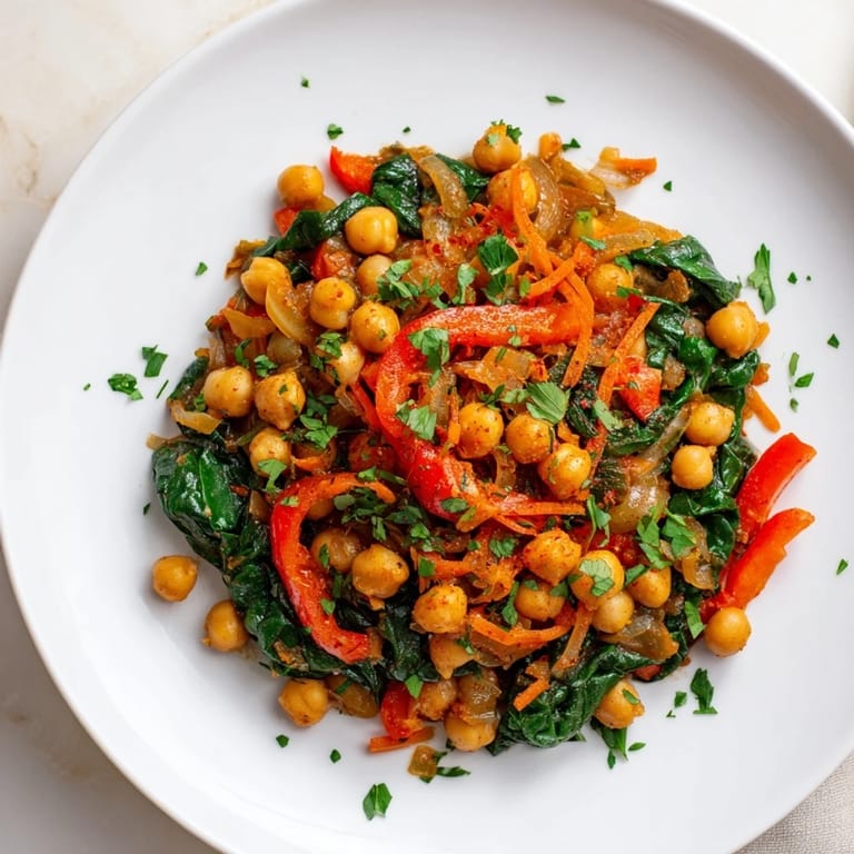Warm, flavorful Vegetarian Chickpea & Spinach Skillet perfect with crusty bread for a delicious vegetarian dinner.