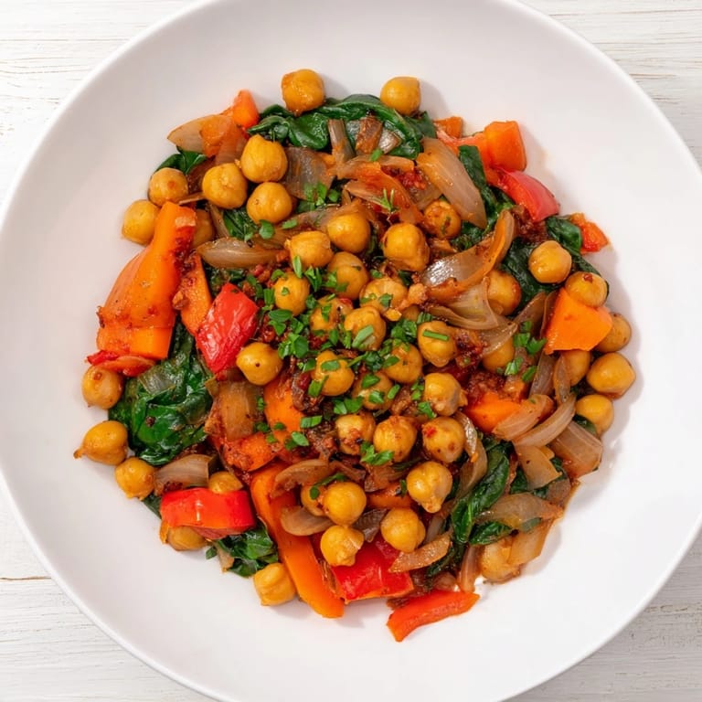 A colorful Vegetarian Chickpea & Spinach Skillet, showcasing vibrant vegetables and perfectly cooked chickpeas.