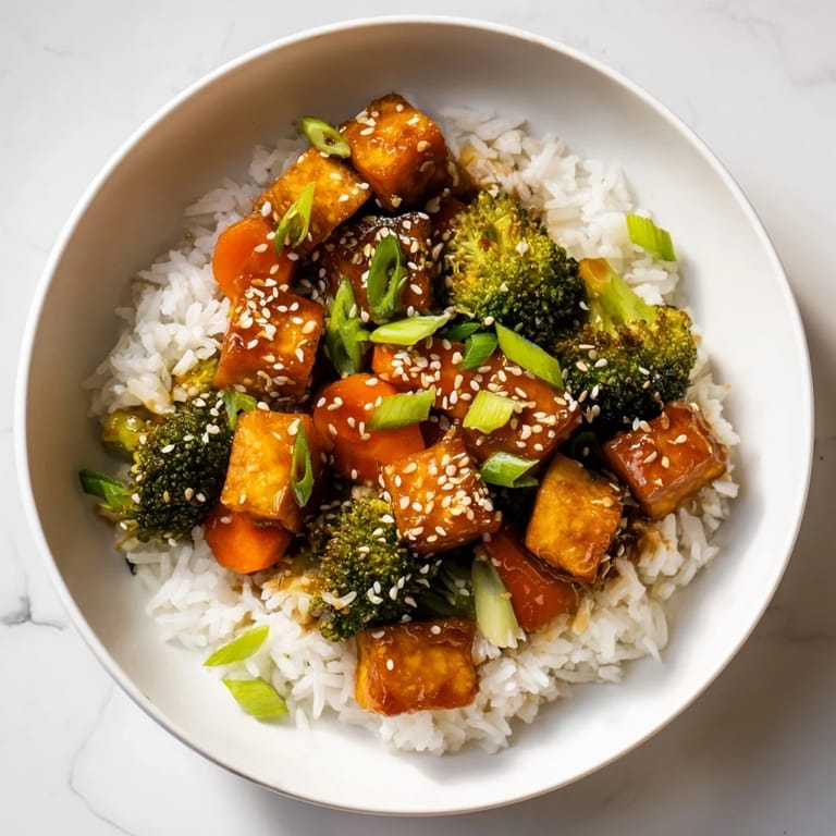 Vibrant image of sesame tofu with broccoli dish, showcasing a hearty, healthy, and easy meal.