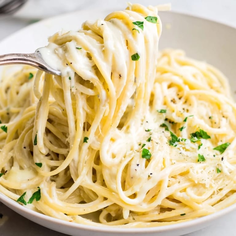 Golden-brown cheddar and parmesan atop the creamy Creamy Three-Cheese Spaghetti, ready to be enjoyed.