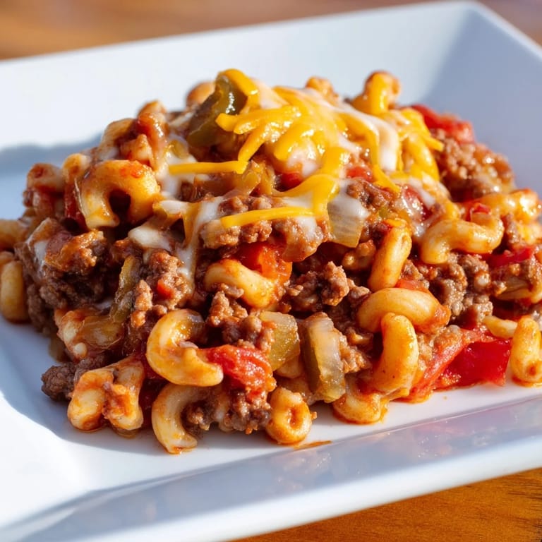 Golden, baked Hamburger Casserole with a crispy cheese topping, ready to serve with a simple salad.