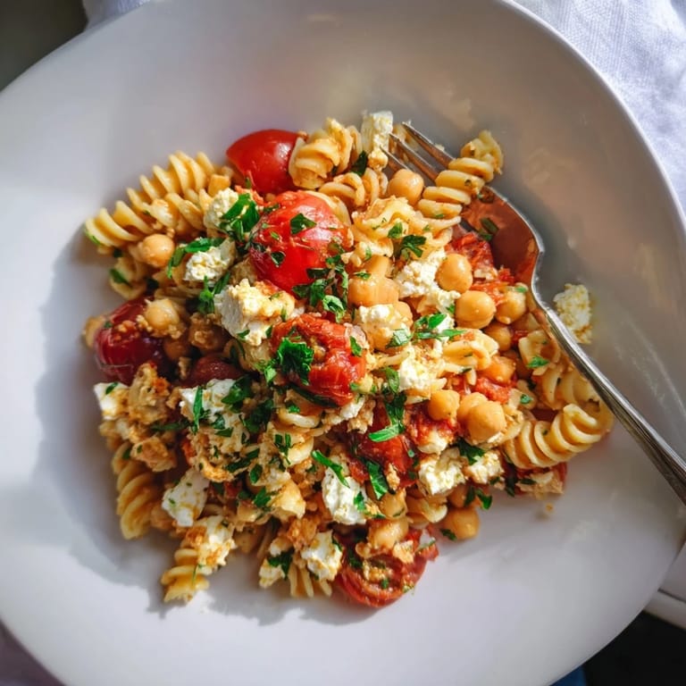 Freshly garnished Baked Feta Chickpeas & Tomatoes over pasta, a colorful, vegetarian Mediterranean meal.