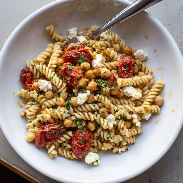 A close-up of creamy Baked Feta Chickpeas & Tomatoes, the crumbled feta melting beautifully into the dish.
