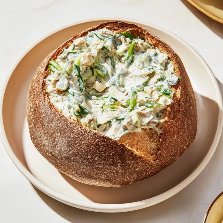 A large, golden-crusted bread bowl overflowing with flavorful spinach dip, ready to be enjoyed.