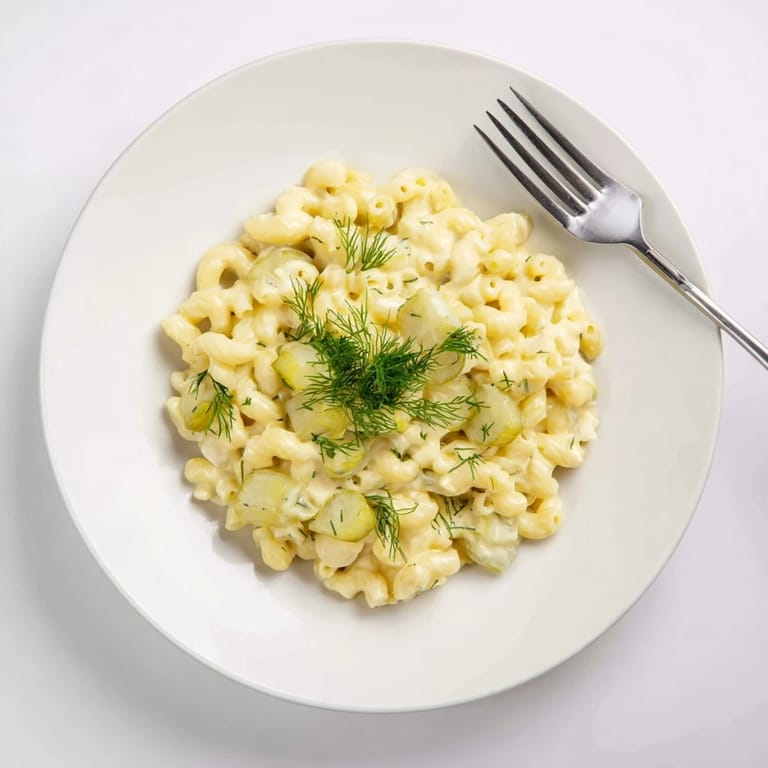 Zoom in on tangy Pickle Mac and Cheese, showing the chopped pickles and delicious cheese sauce.