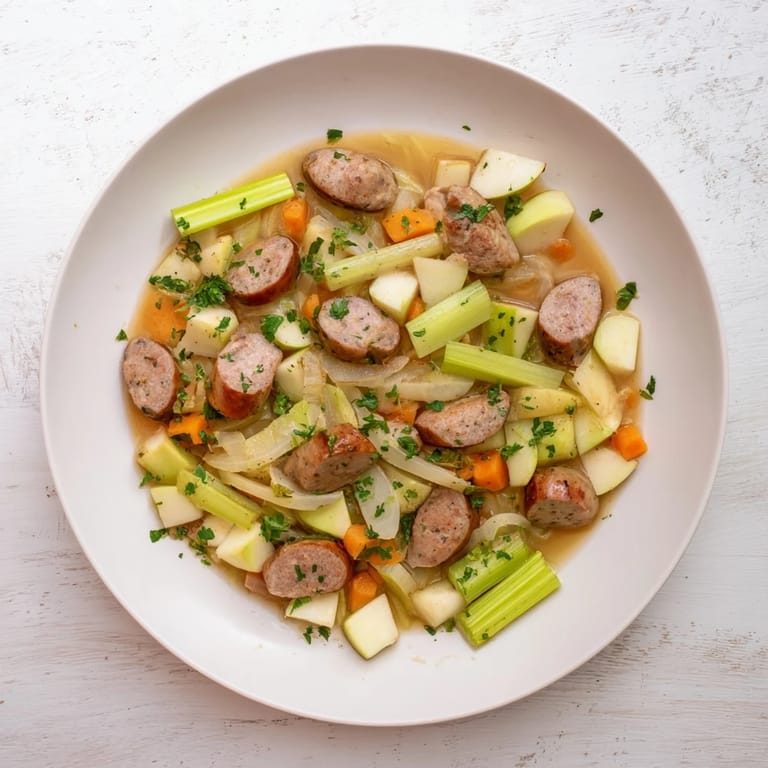 Steaming hot Stovetop Sausage, Celery, and Apple Hotpot, full of tender, savory sausage and apples.