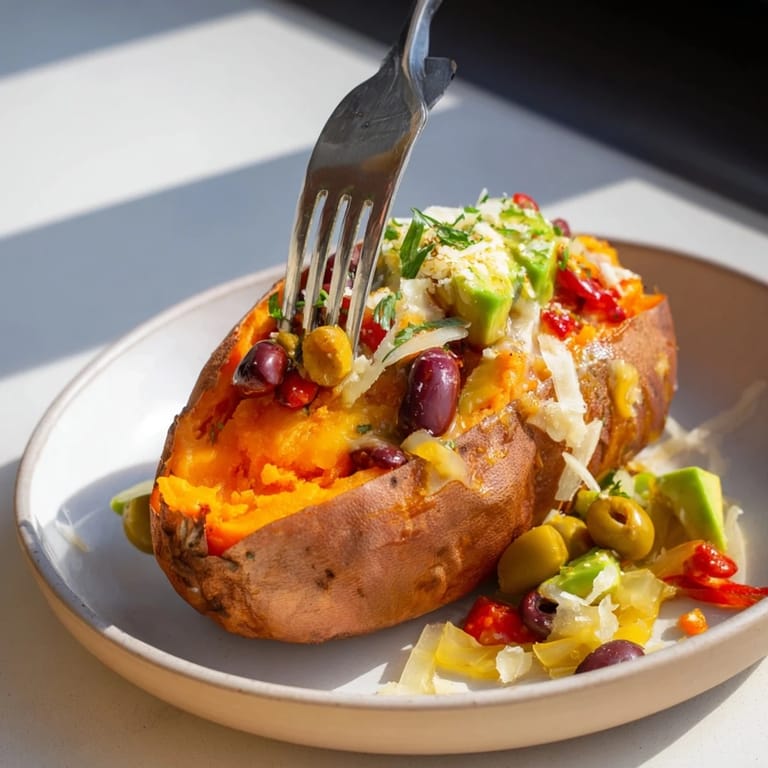 View a close-up of a tender Baked Sweet Potato Chili Boat, steaming and generously filled with beans.