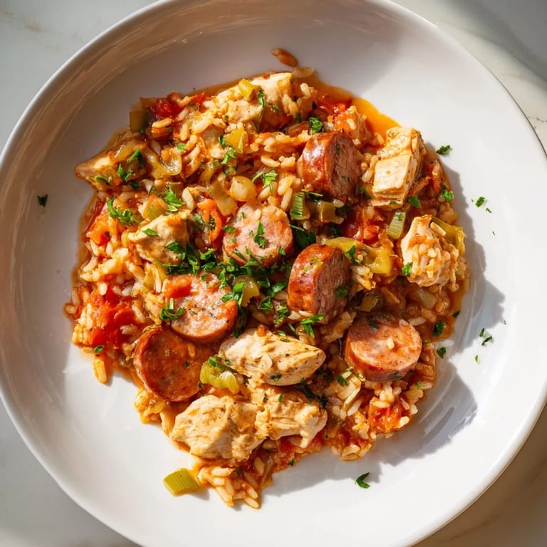 A beautiful close-up of the flavorful Simple Chicken and Sausage Jambalaya, ready to serve and enjoy.