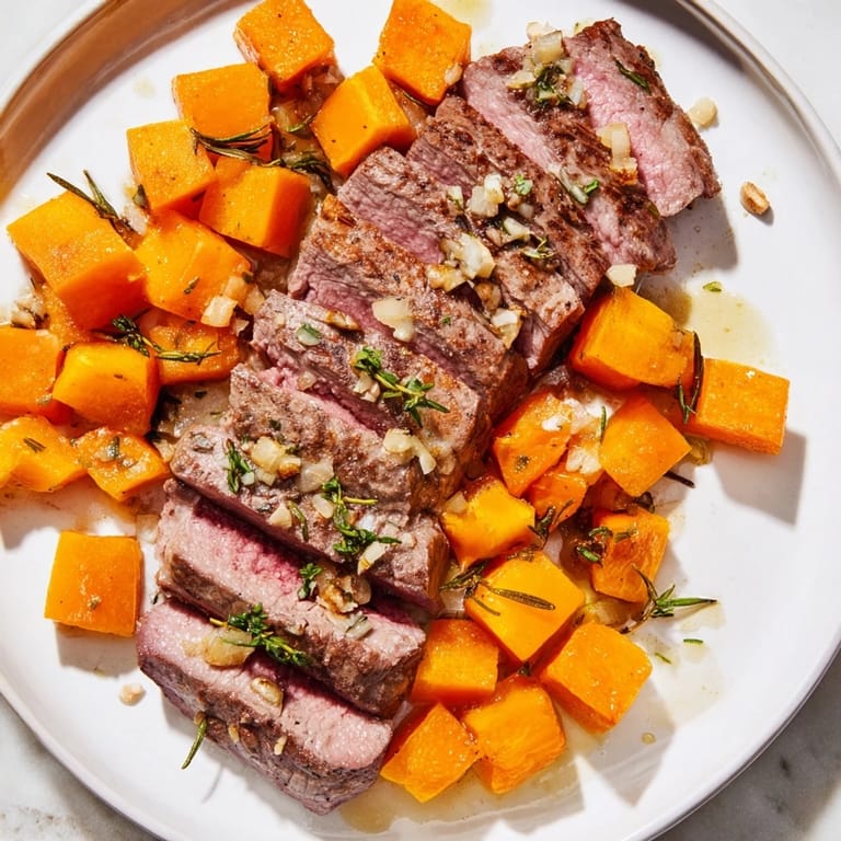 Tender slices of garlic herb steak served with vibrant butternut squash in these delicious bowls.