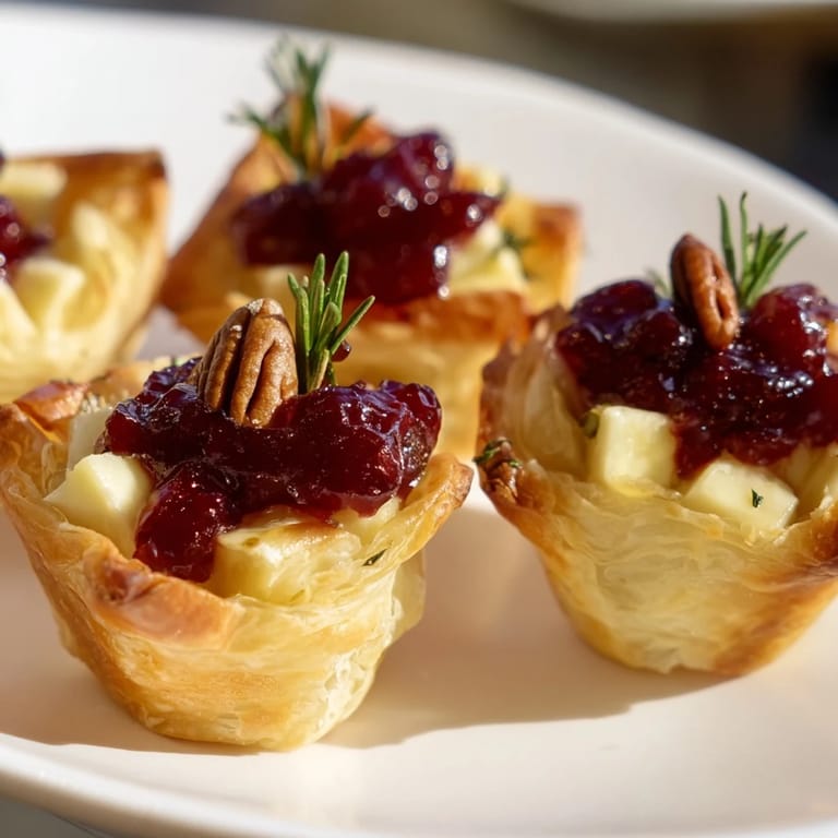 Close-up of baked Express Cranberry Sauce Brie Bites, showing creamy Brie and cranberry filling inside.