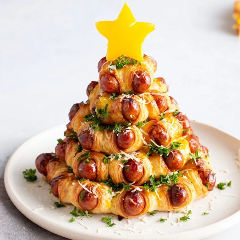 Crispy, savory Express Pigs in Blanket Christmas Tree, with perfectly baked puff pastry and a festive presentation.