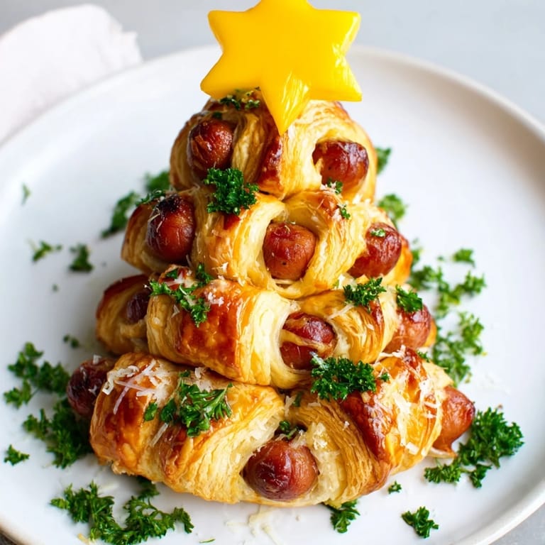 Share-worthy photo: a delicious Express Pigs in Blanket Christmas Tree, hot from the oven, with dipping sauces by its side.