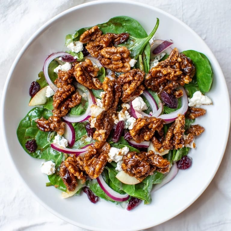 Freshly tossed Gingerbread Spiced Candied Pecan Salad, drizzled with maple-balsamic vinaigrette, perfect for winter.