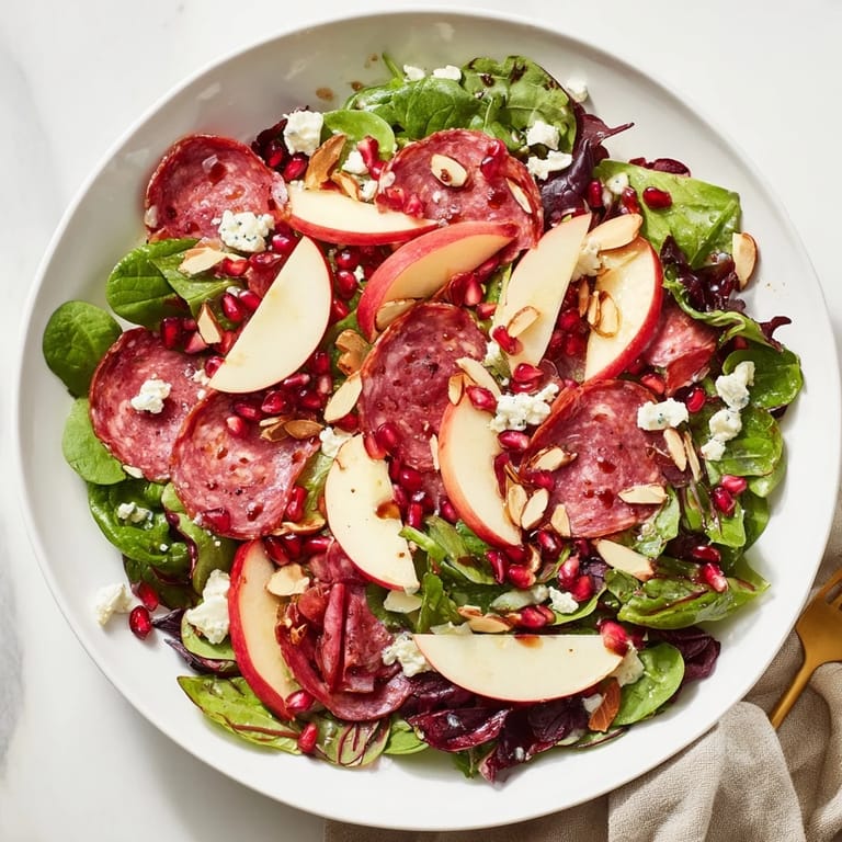 Vibrant close-up of the Hot Girl Christmas Salad, showcasing pomegranate seeds and crisp salami.