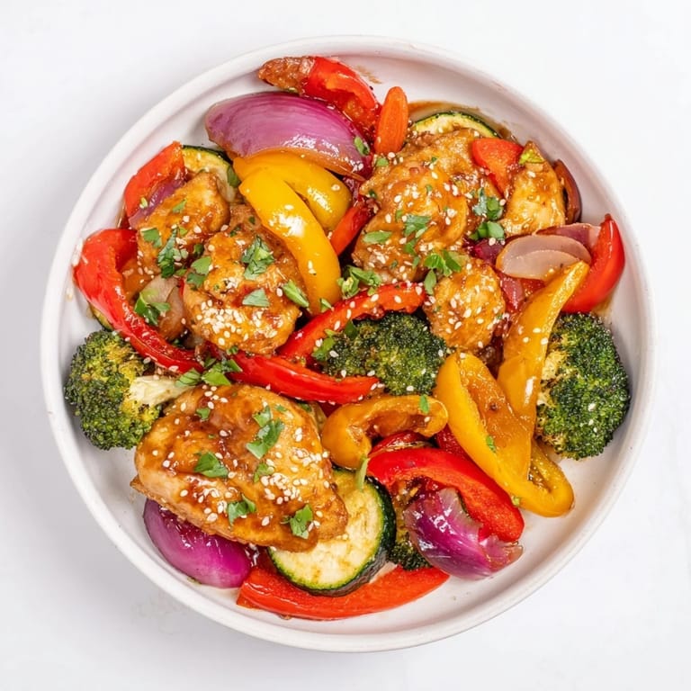 Tender, glazed Spicy Honey-Garlic Chicken Sheet Pan featuring colorful peppers and broccoli, ready to serve and enjoy.