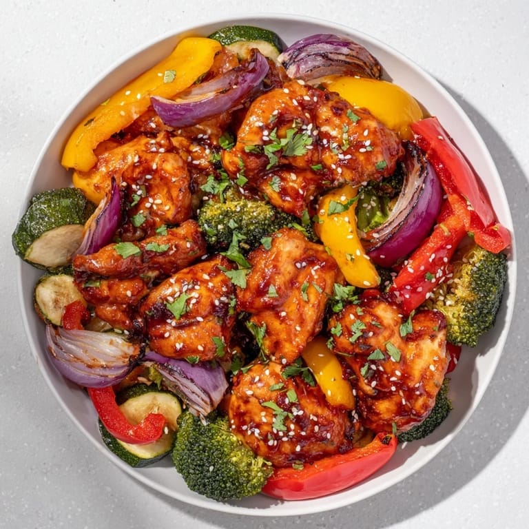 Juicy Spicy Honey-Garlic Chicken Sheet Pan, a savory, quick meal with tender chicken and crisp vegetables.