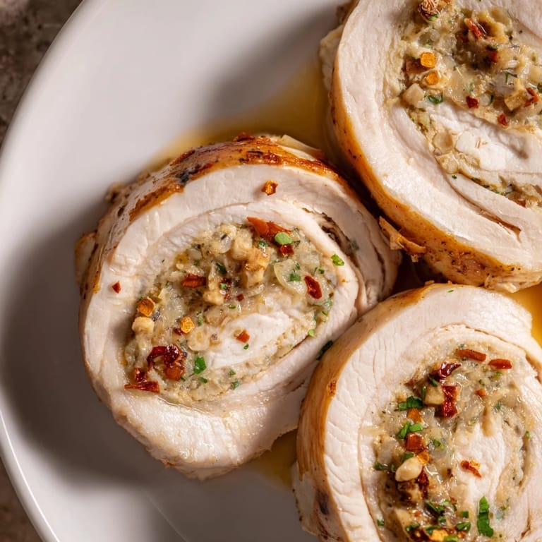 Mouthwatering close-up of baked Marry Me Chicken and Stuffing Roulades, showing delicious, savory filling and gravy.