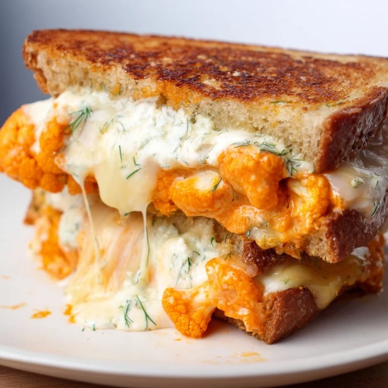 Hearty, homemade Buffalo Cauliflower Ranch Grilled Cheese, showcasing crispy bread and a cheesy, veggie filling.