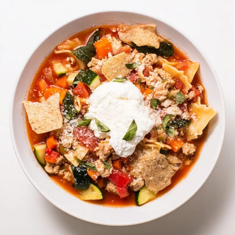 Hearty Healthy Lasagna Soup, garnished with fluffy ricotta, mozzarella, and fresh herbs, ready to enjoy.