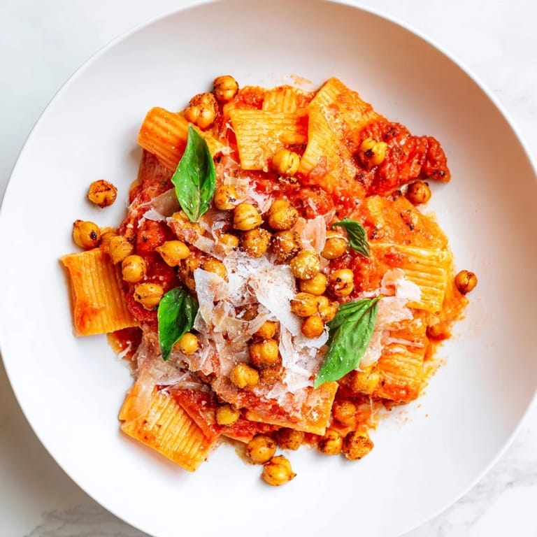 This Spicy Arrabbiata Roasted Chickpea Crunch Pasta features a vibrant, red sauce over penne with roasted chickpeas.