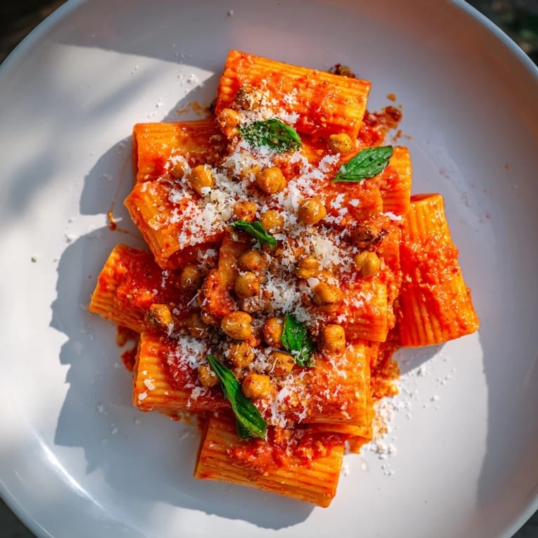 Vivid image of Spicy Arrabbiata Roasted Chickpea Crunch Pasta: a bowl of pasta with crunchy chickpeas and basil garnish.