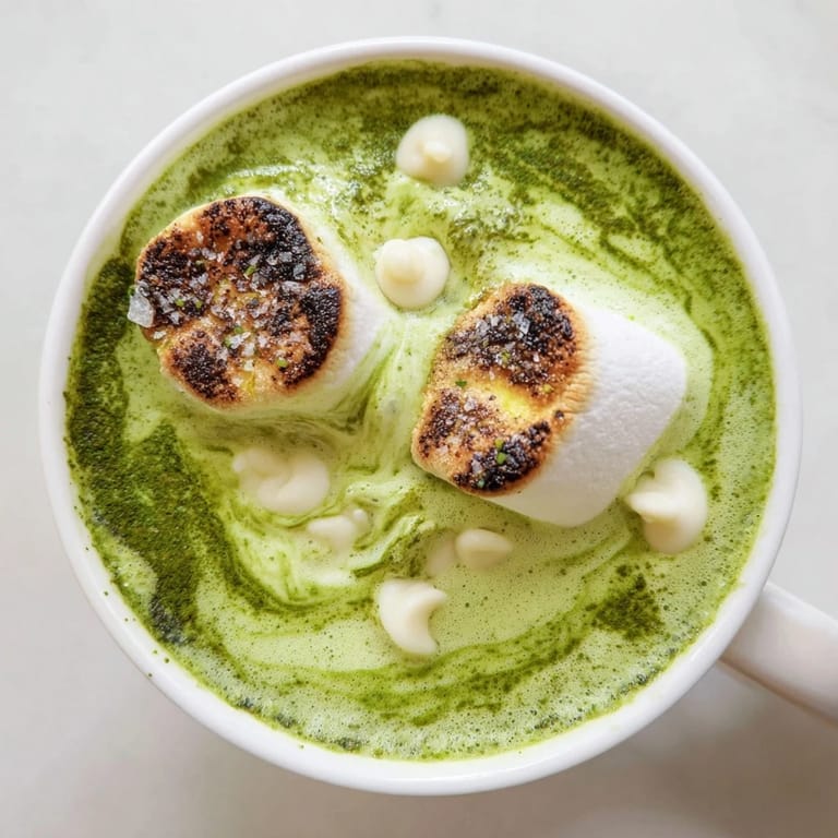 Imagine the rich color of Toasted Marshmallow Campfire Matcha Hot Cocoa with hints of charred, golden marshmallows on top.