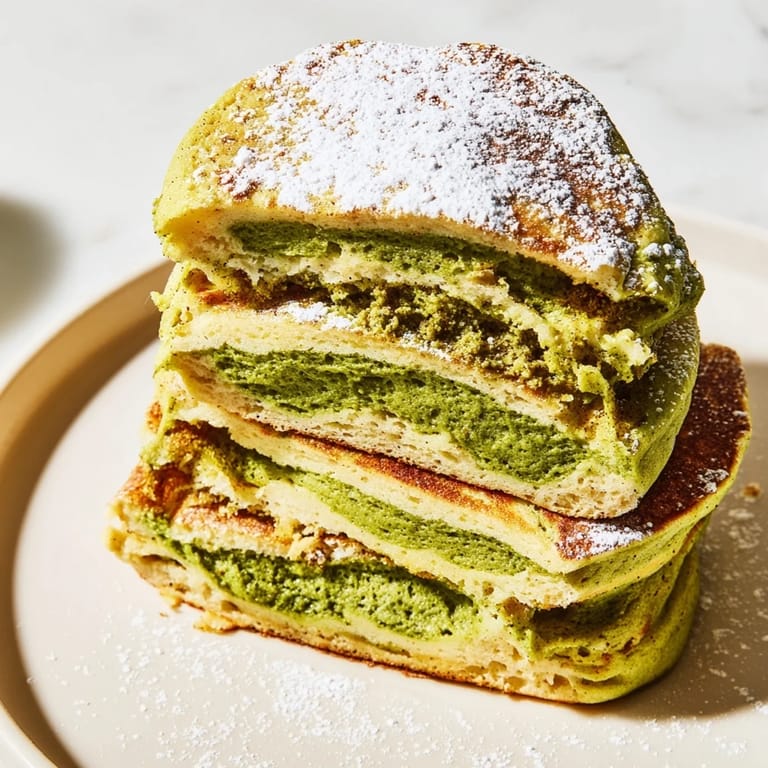 Golden-brown Egg White Gingerbread Matcha Soufflé Pancakes, served with fresh berries and drizzled syrup, a perfect brunch.