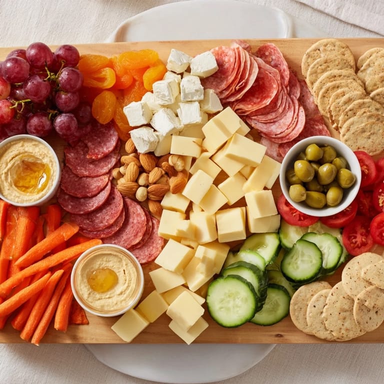 Vibrant picnic basket snack board featuring cheddar, brie, and salami, perfect for a tasty treat.