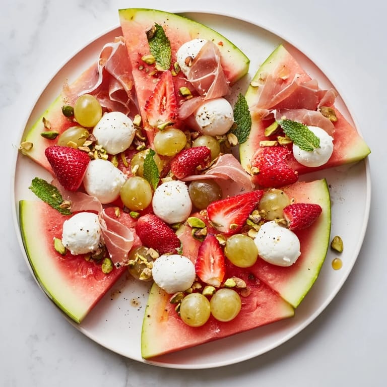 A close-up of a refreshing Watermelon slice charcuterie, garnished with mint and a drizzle of honey.