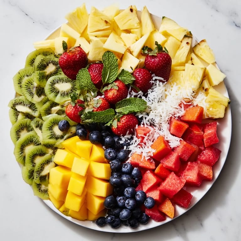 Slices of fresh pineapple and tropical fruit arranged on a platter to create this gorgeous fruit display.