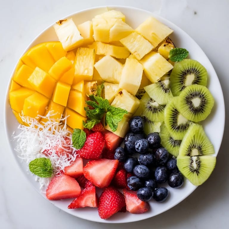 A close-up of a Tropical Pineapple Platter, showcasing colorful, mouthwatering fruit ready to eat.