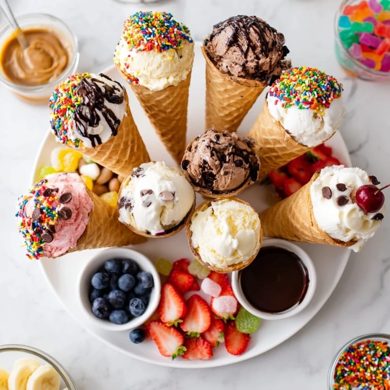 See an Ice Cream Cone Grazing Board, a fun dessert party idea, loaded with ice cream and treats.