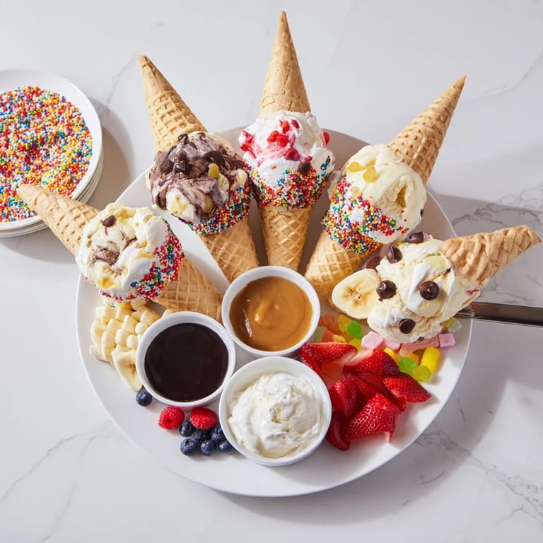 This Ice Cream Cone Grazing Board presents a delightful assortment of ice cream cones and tasty extras.