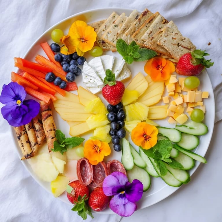 A colorful Butterfly Summer Board, overflowing with fresh fruit, cheeses, and flowers for serving.