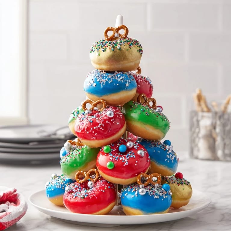 Irresistible image: the donut stack Christmas ornament tower, a sweet holiday dessert ready to eat.