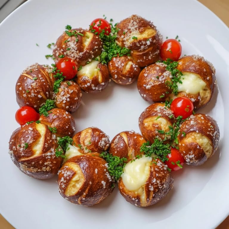 Savory pretzel joy wreath, glistening with salt, surrounded by fresh parsley and cherry tomatoes.
