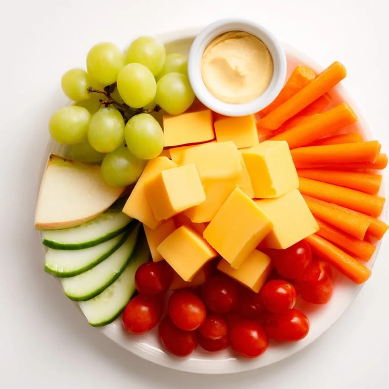 Delectable road trip snack platter overflowing with fresh veggies, nuts, crackers, and sweet chocolate squares.