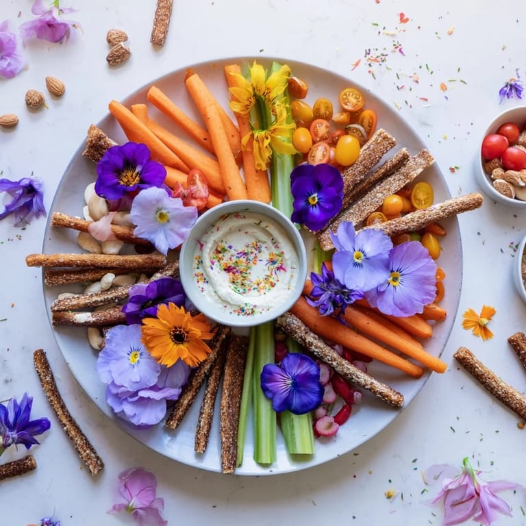 A delightful Fairy Garden Platter with colorful edible blossoms and crunchy vegetables ready to be enjoyed.
