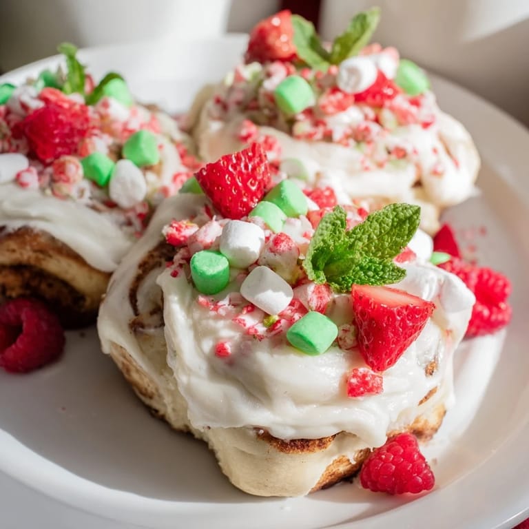 A beautiful North Pole Cinnamon Roll Board features warm, frosted rolls surrounded by bright red candies and toppings.