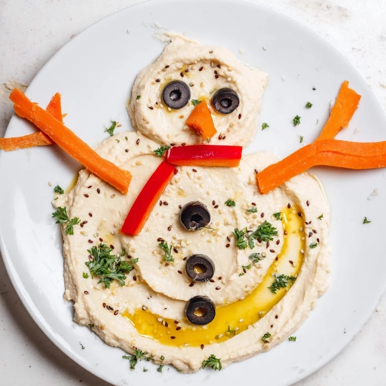 Creamy, smooth melted snowman hummus platter, with colorful bell pepper scarf and fresh veggie dippers.