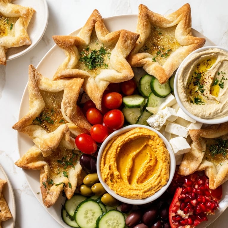 Shareable Three Kings Star Pita Board, featuring golden pita, and fresh ingredients ideal for festive sharing.