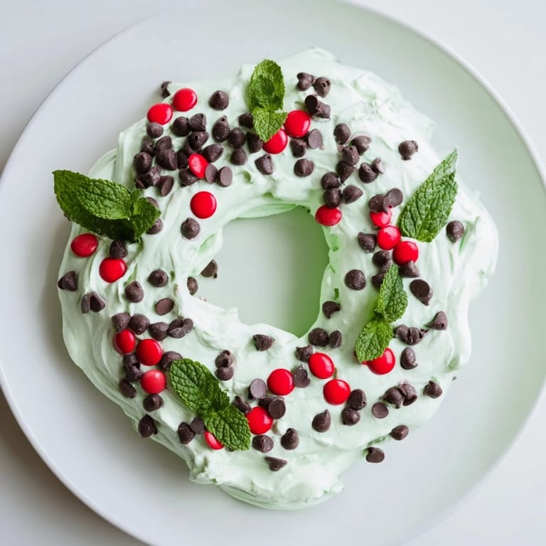 This homemade Mint Chocolate Chip Dip Wreath, chilled and ready for a holiday dessert spread.