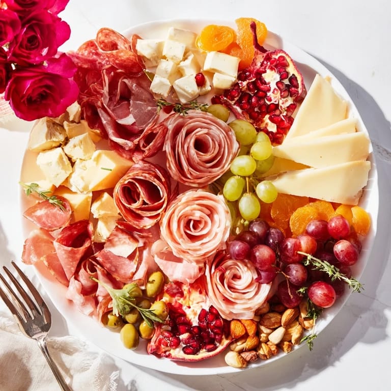 Elegant charcuterie presentation with meat roses, perfectly arranged for a holiday party spread.