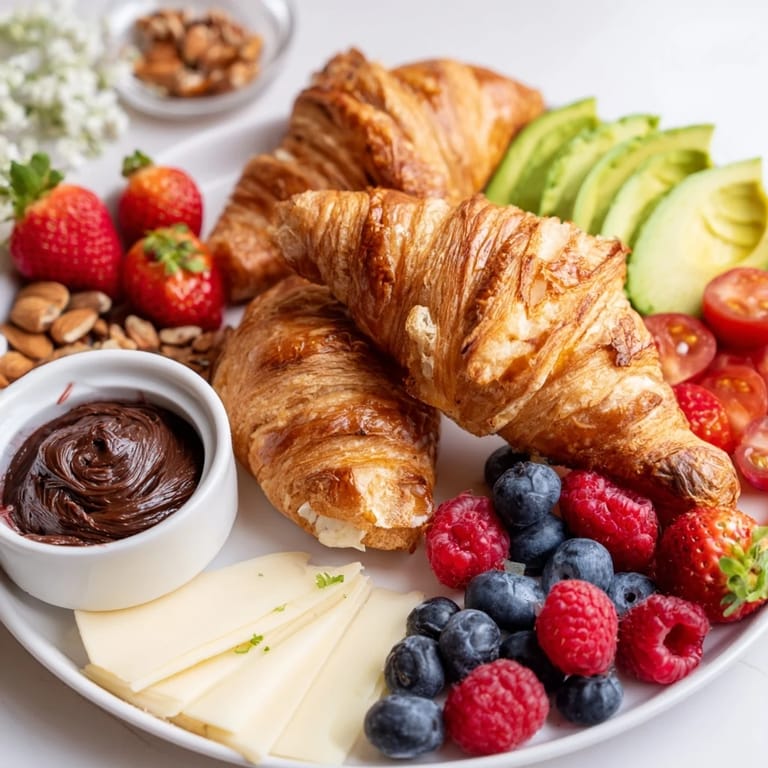 A beautiful Cozy Fireplace Croissant Board setup, showcasing flaky croissants, brie, jam, and fresh garnishes for sharing.