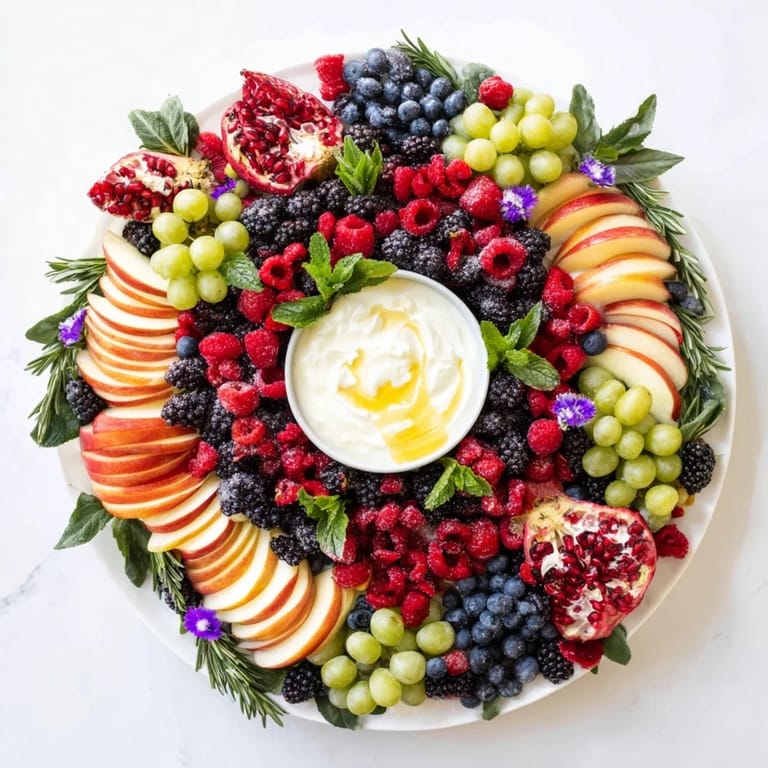 A beautiful holiday Winter Berry Wreath Fruit Board featuring red, green, and purple fruit clusters.