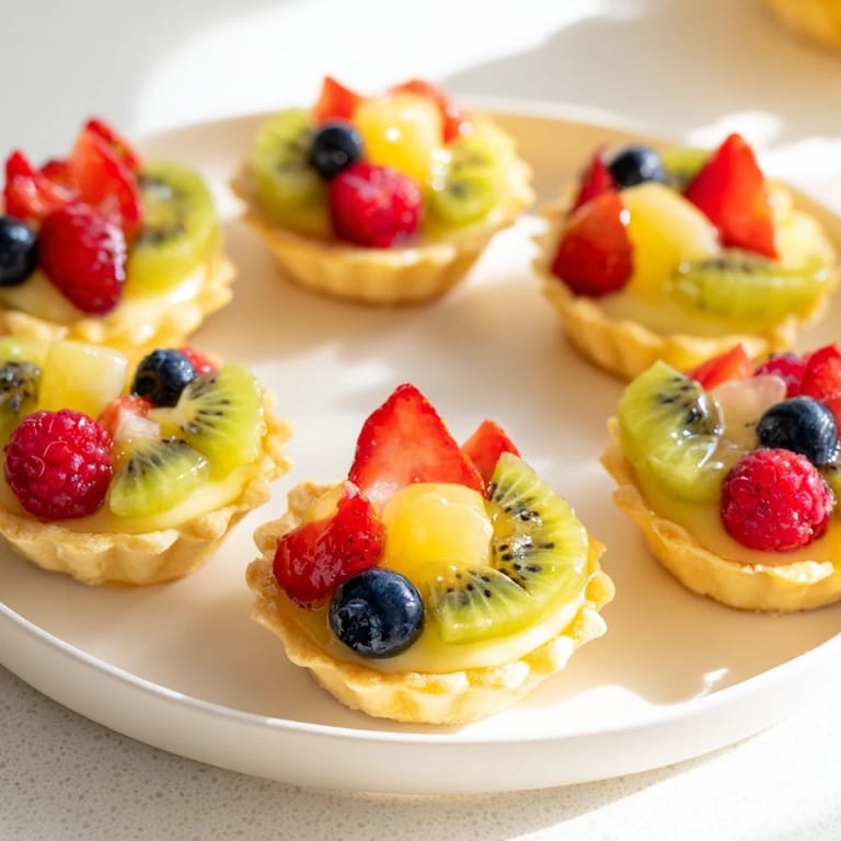A circular presentation of beautiful mini fruit tartlets, offering a delightful bite of fresh fruit and pastry cream.